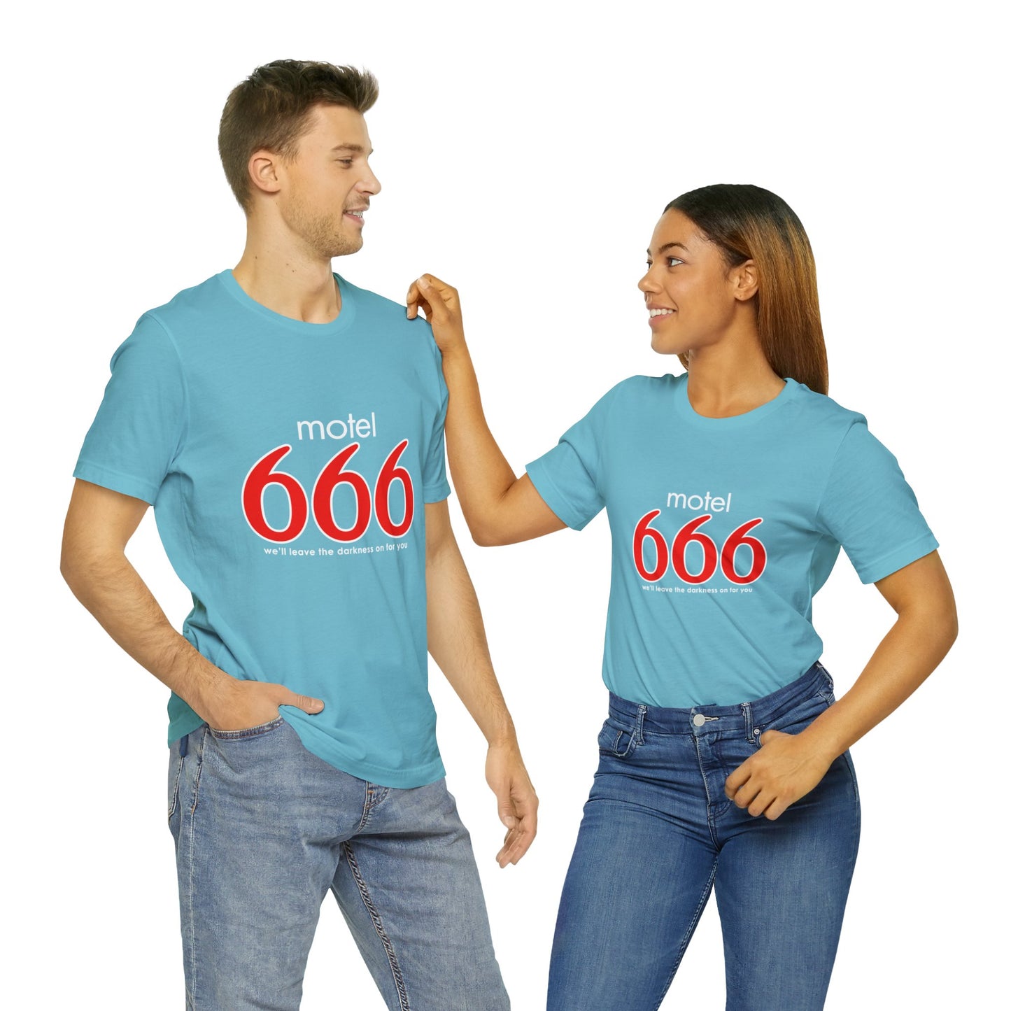 Motel 666 - We'll Leave The Darkness on for You - Motel 6 parody - Unisex Jersey Short Sleeve Tee