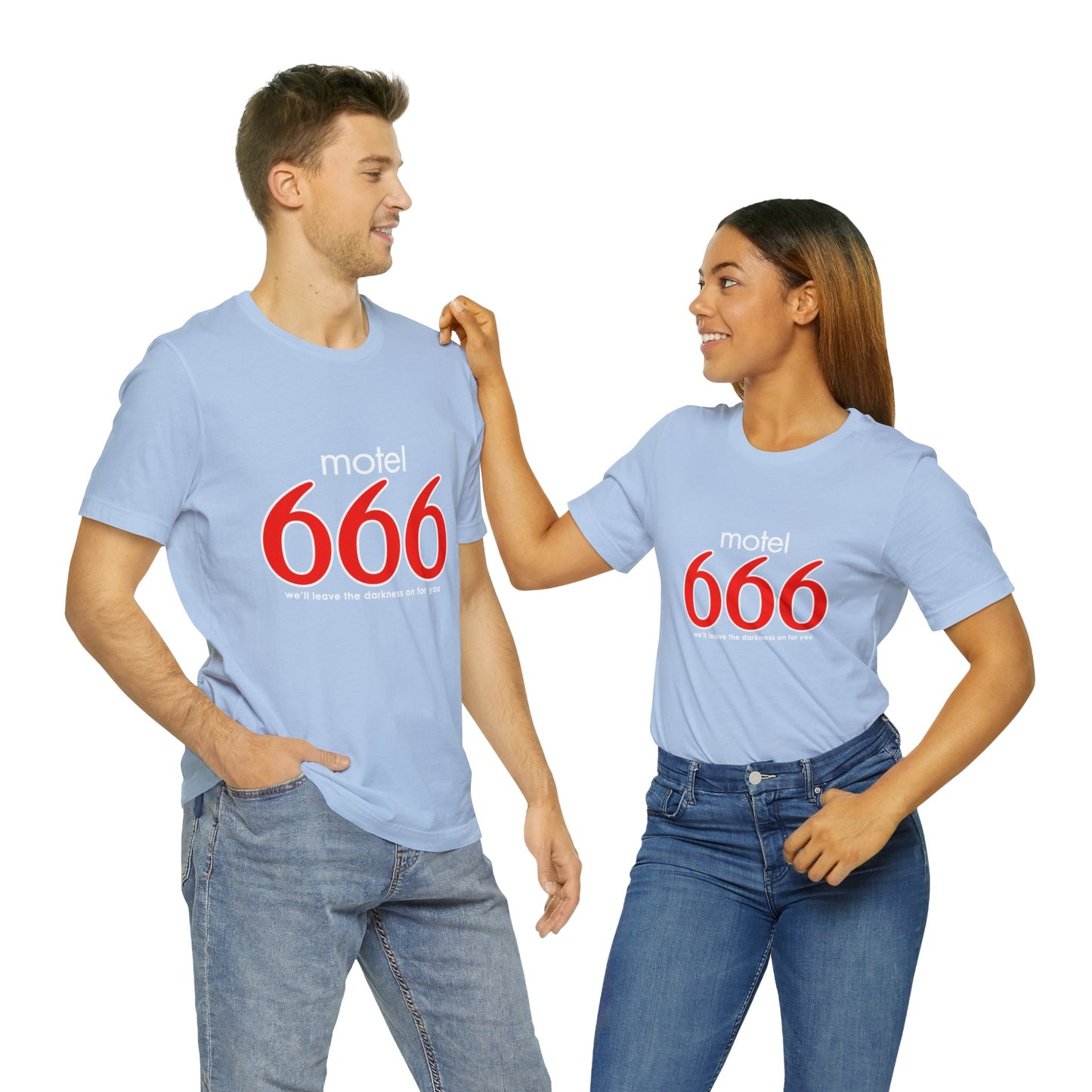 Motel 666 - We'll Leave The Darkness on for You - Motel 6 parody - Unisex Jersey Short Sleeve Tee