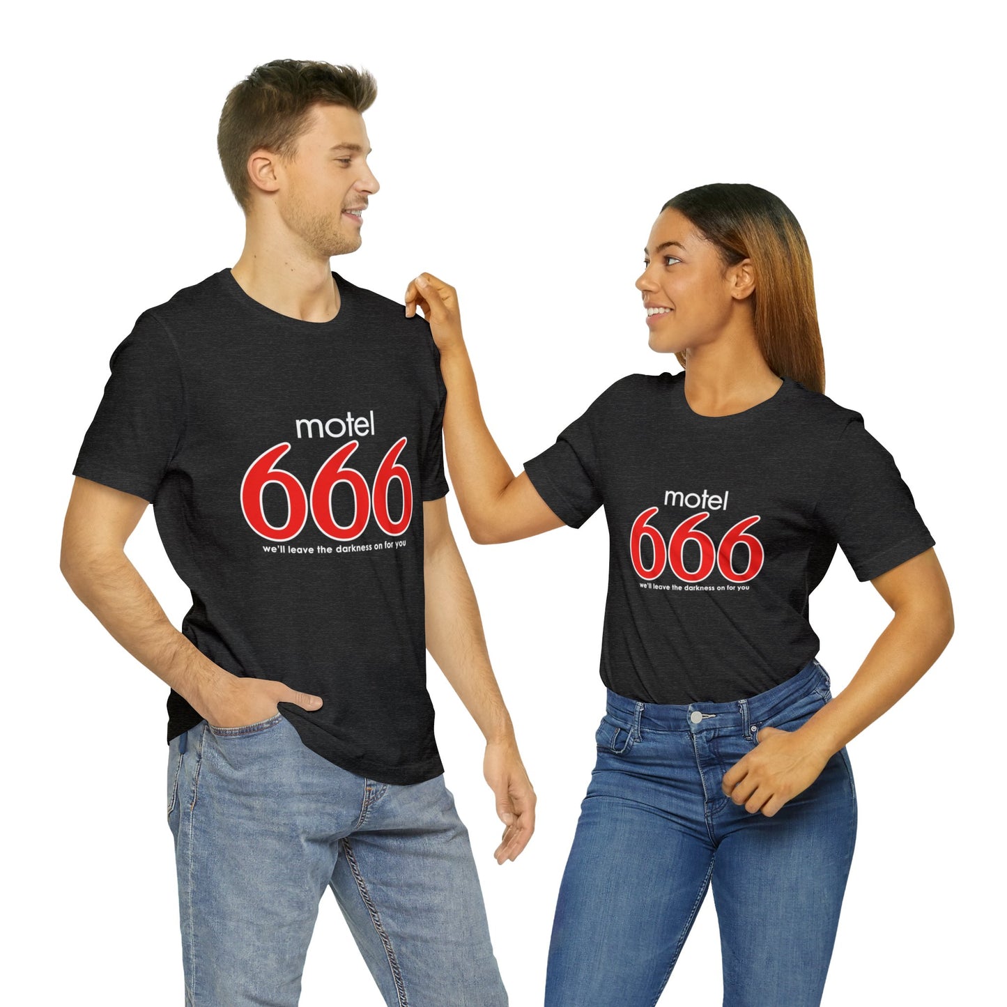 Motel 666 - We'll Leave The Darkness on for You - Motel 6 parody - Unisex Jersey Short Sleeve Tee