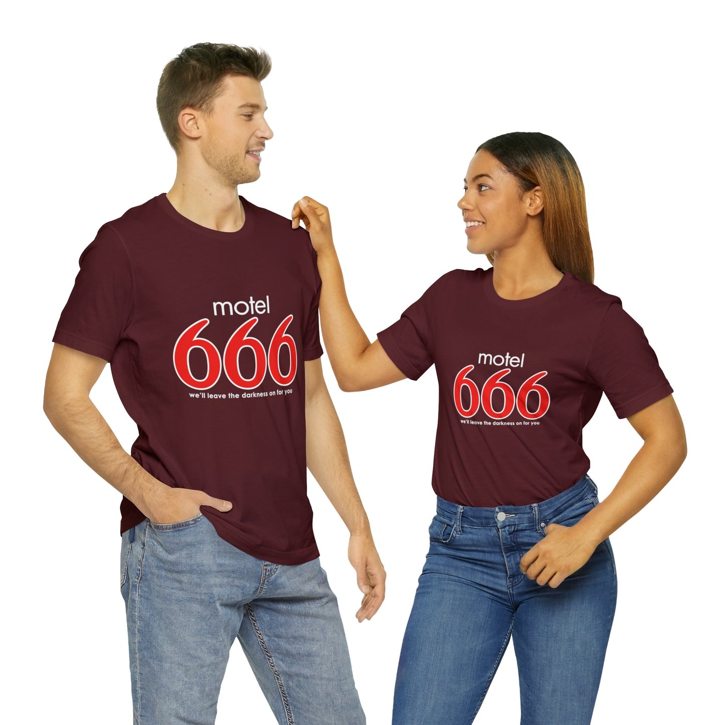 Motel 666 - We'll Leave The Darkness on for You - Motel 6 parody - Unisex Jersey Short Sleeve Tee