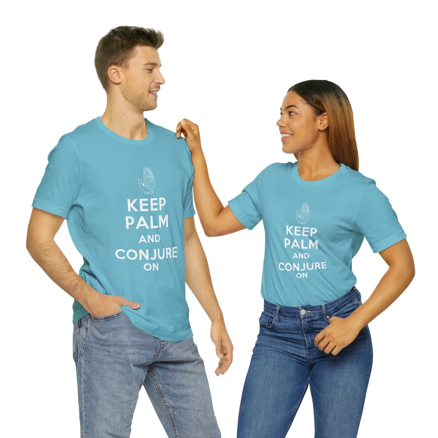 Keep Palm and Conjure On - Keep Calm and Carry On Parody - Unisex Jersey Short Sleeve Tee